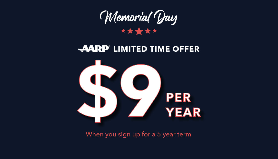 AARP Banner featuring Memorial Day Messaging and $9  year offer
